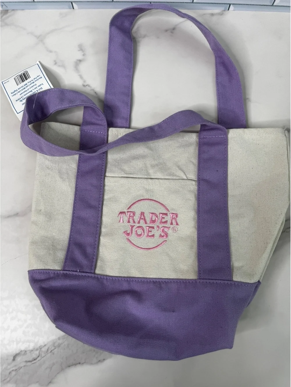 Trader Joe's Mini Pastel Canvas Tote Bag Purple Cream Pink Embroidered Logo NWT